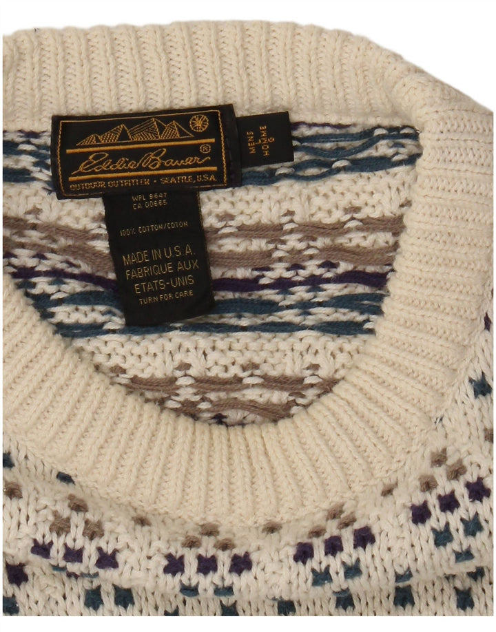 Eddie Bauer Mens Crew Neck Jumper Sweater Large Off White Spotted Cotton