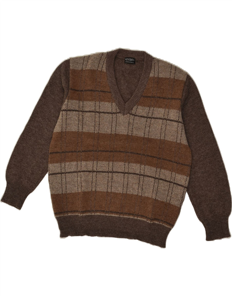 JOCKEY INTERNATIONAL Mens V-Neck Jumper Sweater IT 52 Large Brown Striped | Vintage Jockey International | Thrift | Second-Hand Jockey International | Used Clothing | Messina Hembry 