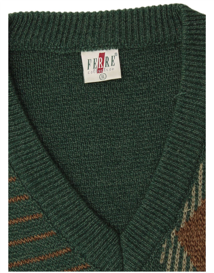 VINTAGE Mens V-Neck Jumper Sweater XL Green Argyle/Diamond Acrylic Classic