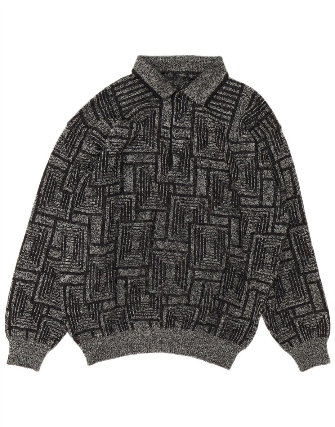 Vintage Mens Polo Neck Jumper Sweater Large Grey Geometric