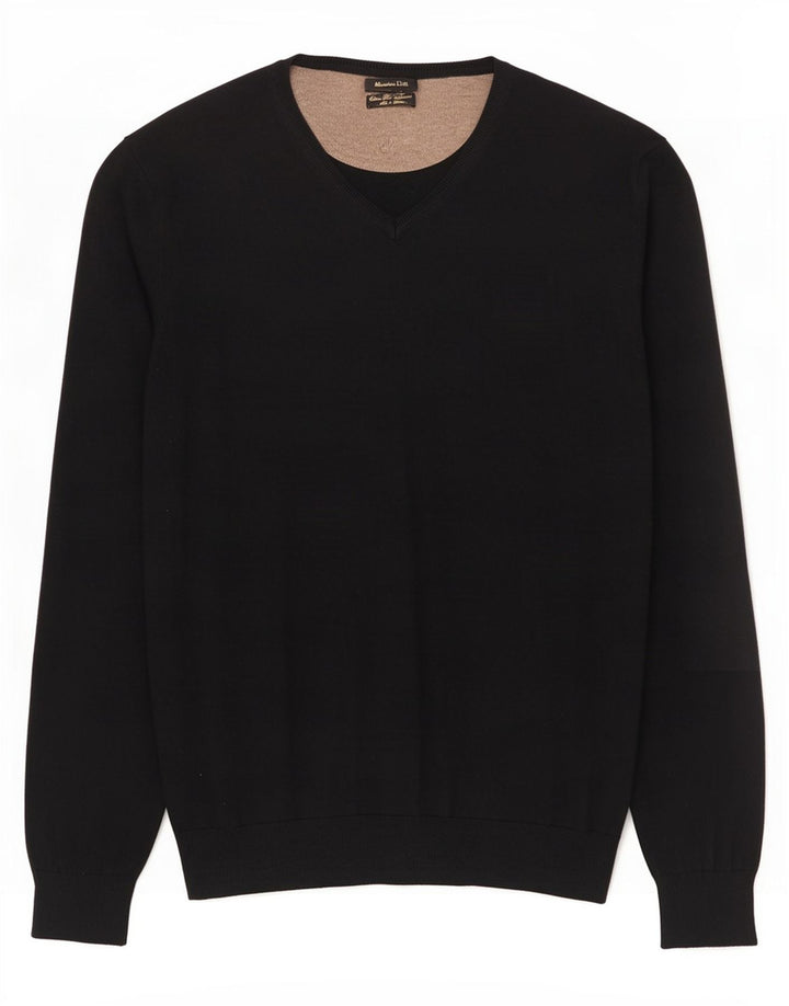 Massimo Dutti Mens V-Neck Jumper Sweater Large Black Cotton