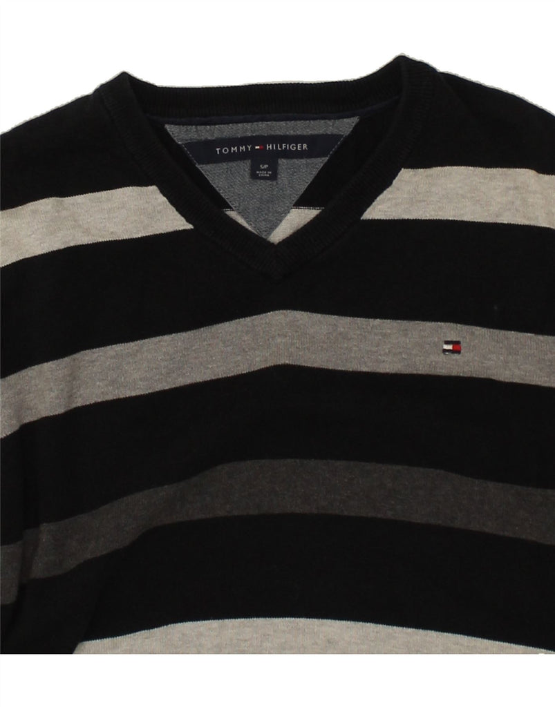 TOMMY HILFIGER Mens V-Neck Jumper Sweater Small Black Striped Cotton | Vintage Tommy Hilfiger | Thrift | Second-Hand Tommy Hilfiger | Used Clothing | Messina Hembry 