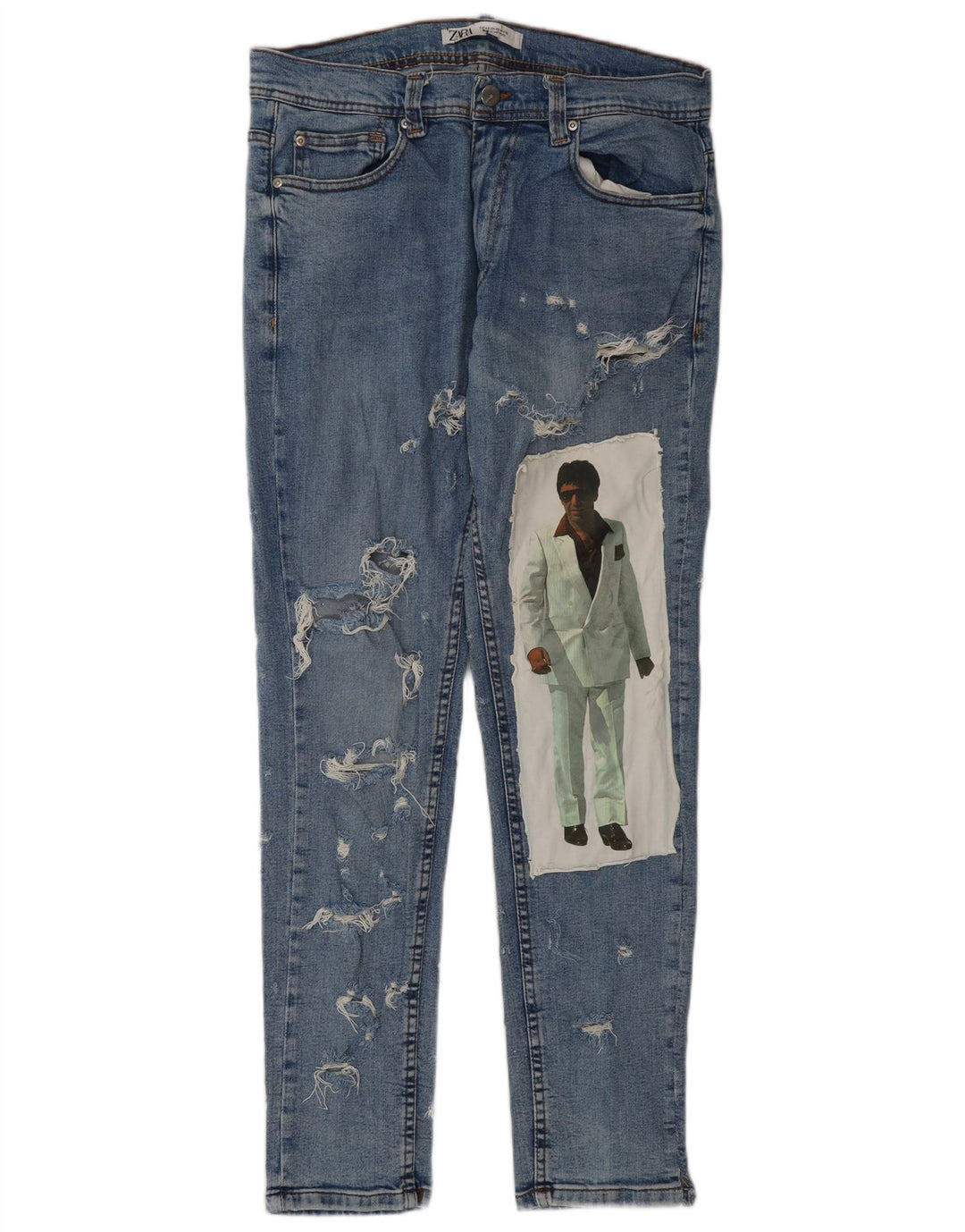 ZARA Mens Graphic Distressed Slim Jeans EU 42 Large W32 L32 Blue