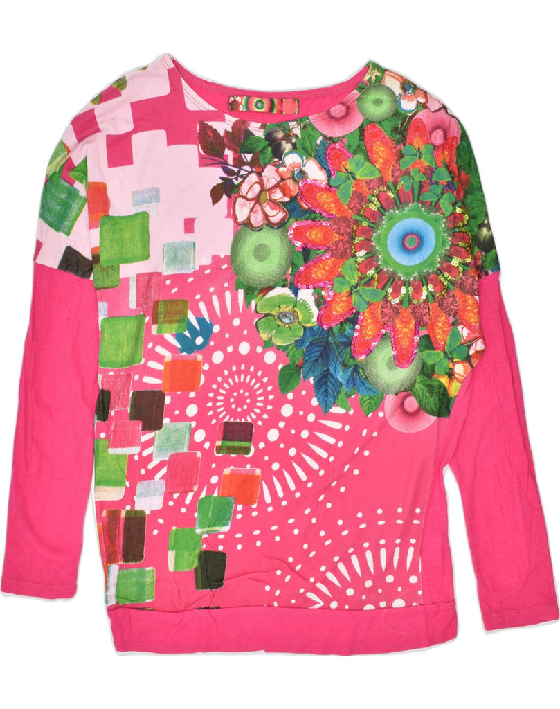 DESIGUAL Girls Graphic Top Long Sleeve 13-14 Years Pink Floral Cotton | Vintage | Thrift | Second-Hand | Used Clothing | Messina Hembry 