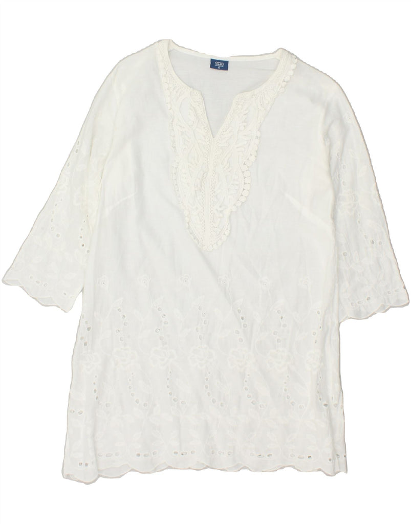 VINTAGE Womens 3/4 Sleeve Sheath Dress UK 14 Medium White Floral Cotton | Vintage Vintage | Thrift | Second-Hand Vintage | Used Clothing | Messina Hembry 