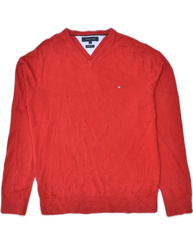 TOMMY HILFIGER Mens V-Neck Jumper Sweater Large Red Cotton | Vintage Tommy Hilfiger | Thrift | Second-Hand Tommy Hilfiger | Used Clothing | Messina Hembry 