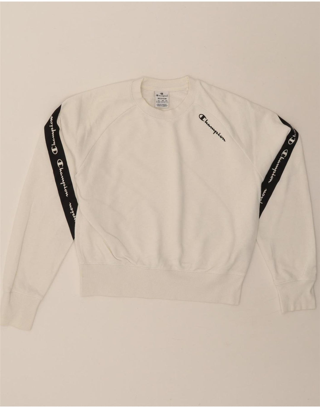 CHAMPION Womens Graphic Sweatshirt Jumper UK 14 Medium White Colourblock Vintage Champion and Second-Hand Champion from Messina Hembry 