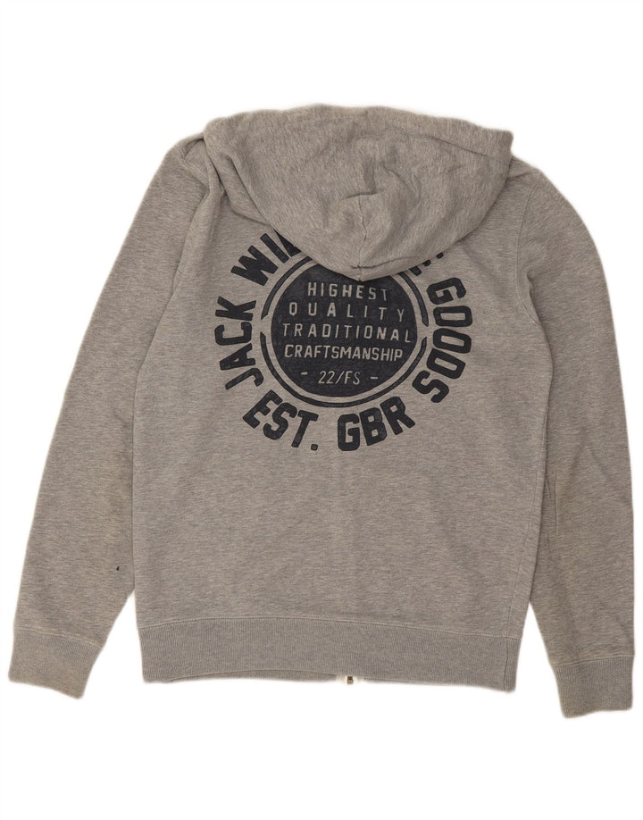 JACK WILLS Mens Graphic Zip Hoodie Sweater Small Grey Cotton