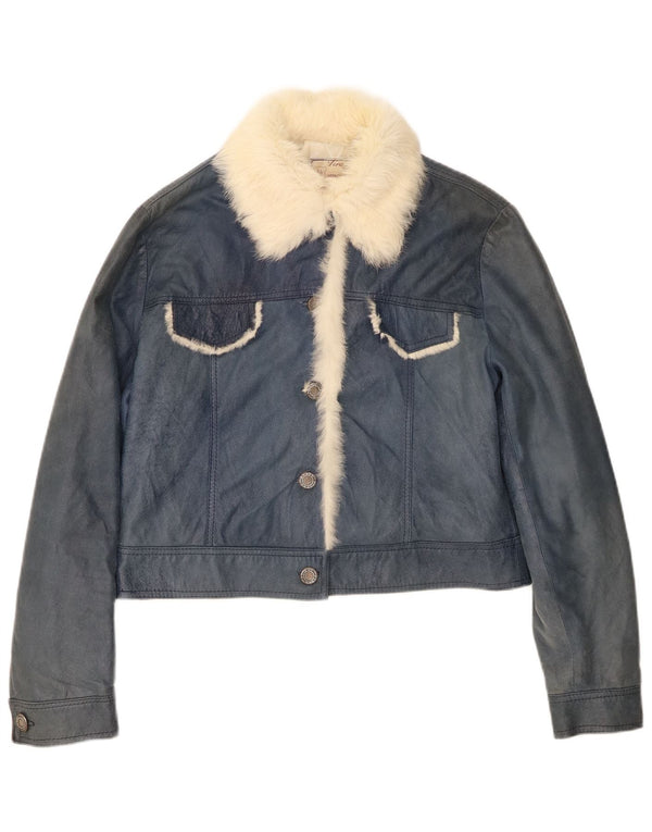Lavorazione Artigiana Womens Crop Leather Jacket UK 12 Medium Blue