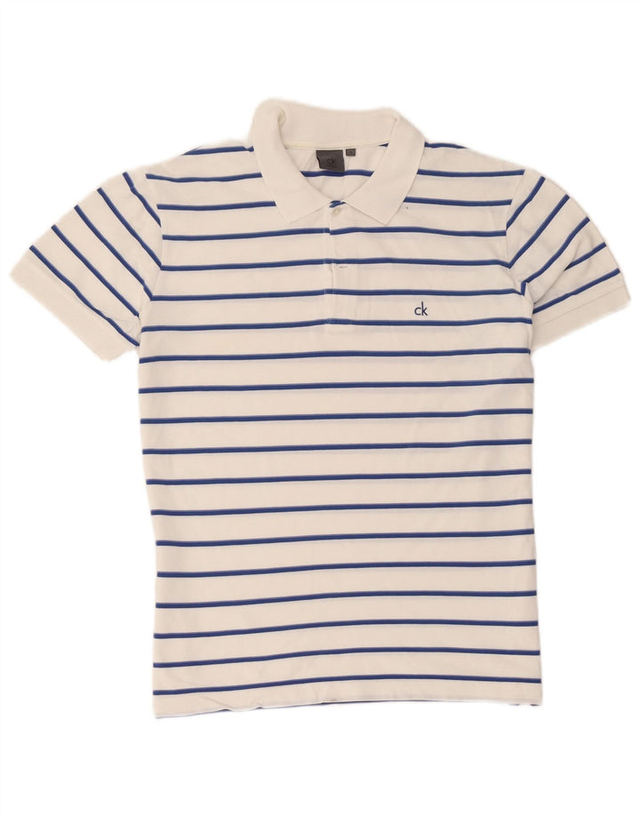 Calvin Klein Mens Polo Shirt Large White Striped Cotton