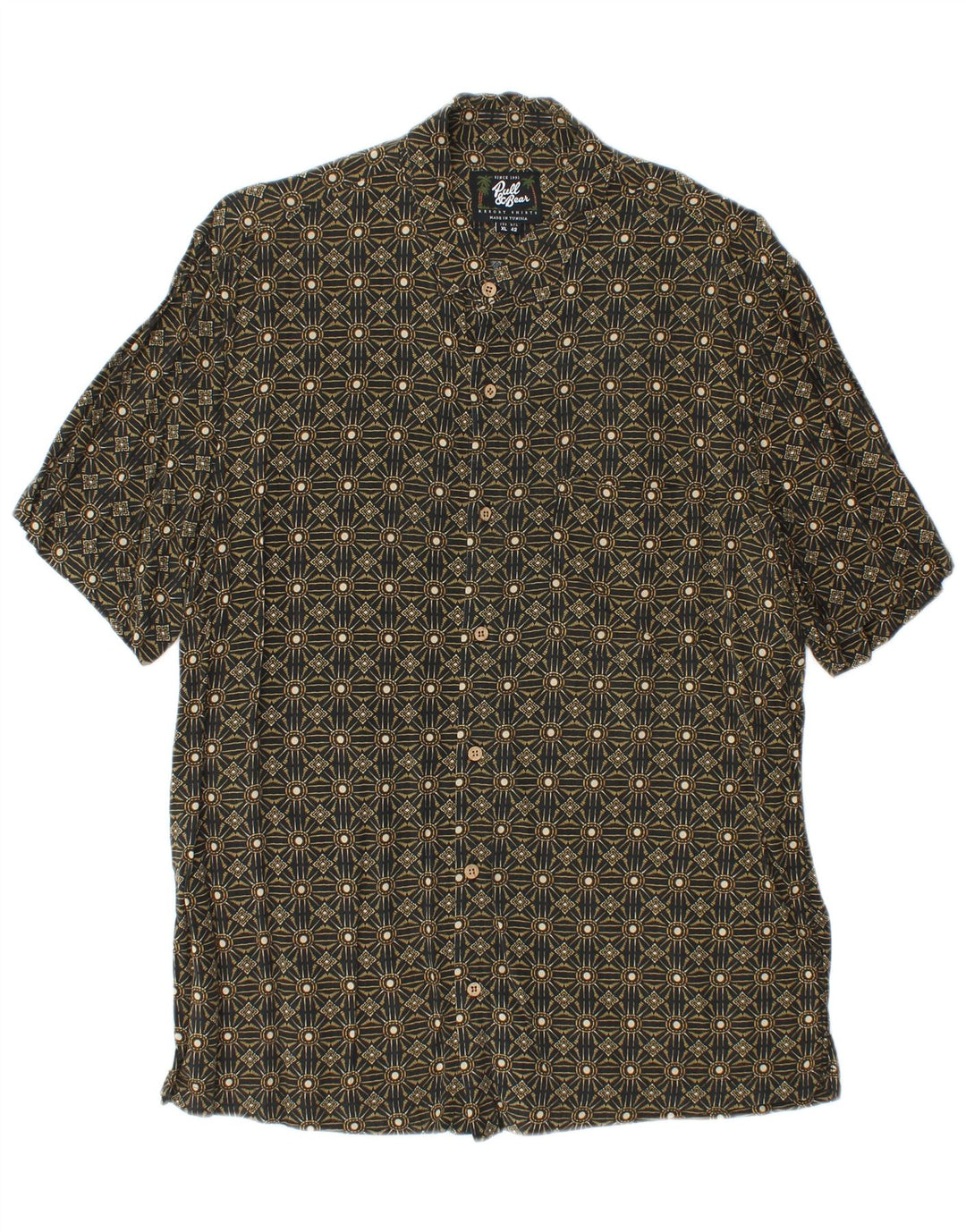 Pull & Bear Mens Short Sleeve Shirt XL Khaki Geometric