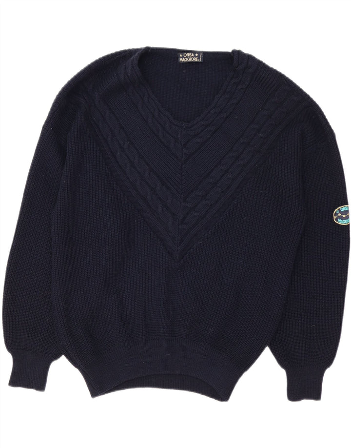 Vintage Mens V-Neck Jumper Sweater XL Navy Blue Wool