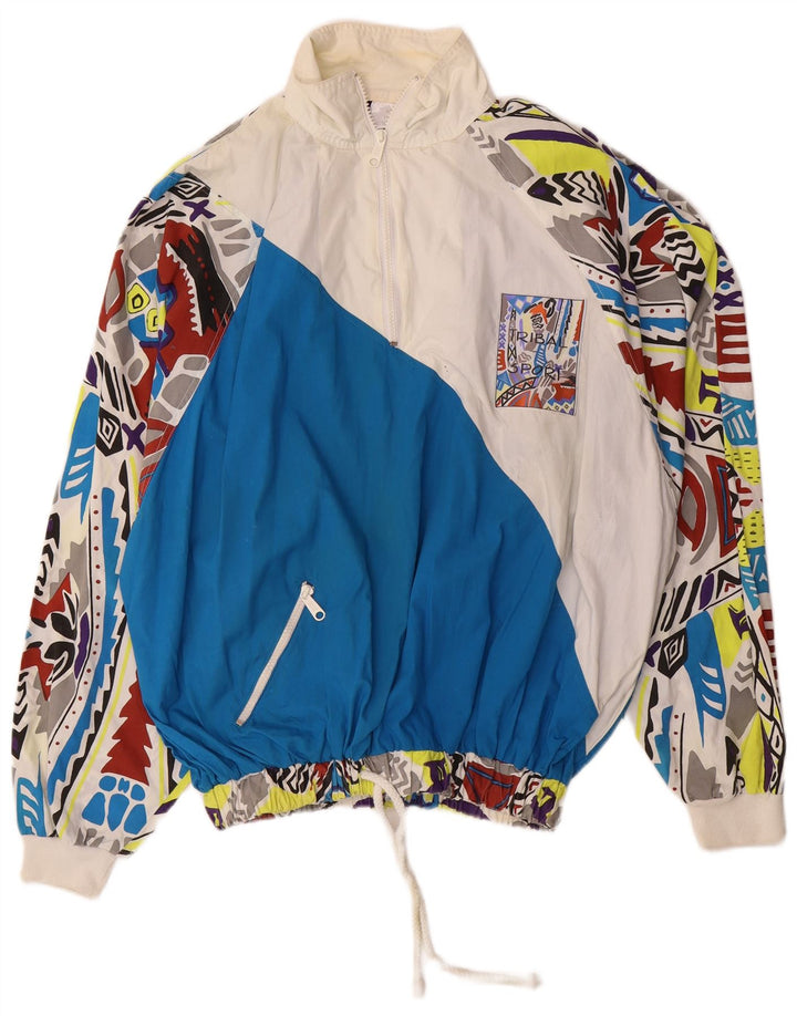 Vintage Mens Abstract Pattern Loose Fit Pullover Tracksuit Top Medium Blue