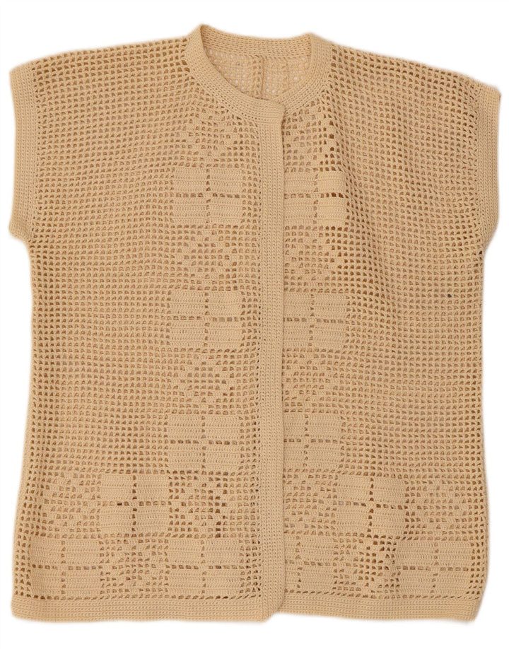 Vintage Womens Short Sleeve Cardigan Sweater UK 14 Medium Beige Geometric