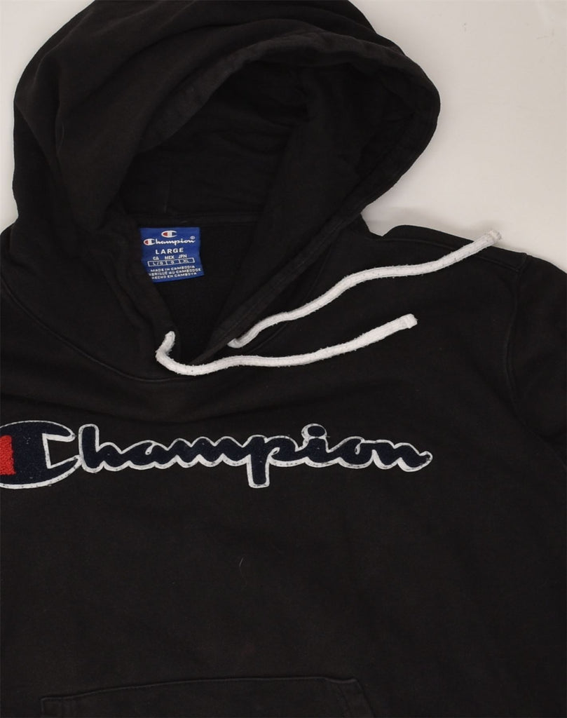 CHAMPION Womens Graphic Hoodie Jumper UK 16 Large Black Cotton | Vintage Champion | Thrift | Second-Hand Champion | Used Clothing | Messina Hembry 