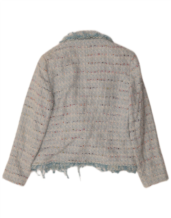 Jaeger Womens Open Blazer Jacket UK 14 Medium Blue Striped Cotton