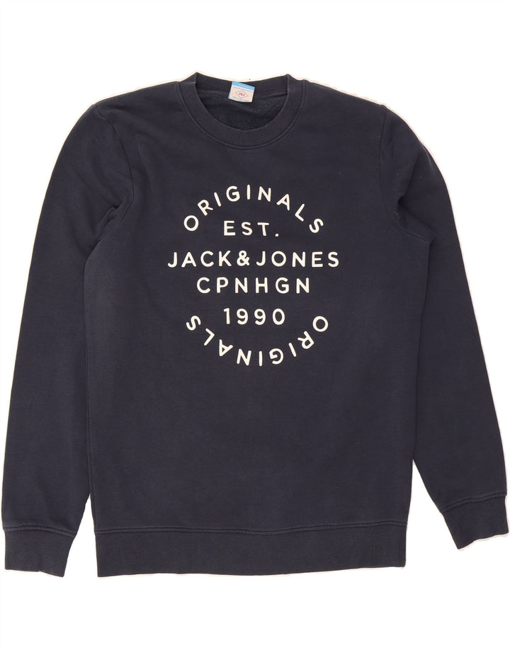 JACK & JONES Mens Originals Graphic Sweatshirt Jumper Medium Navy Blue Vintage Jack & Jones and Second-Hand Jack & Jones from Messina Hembry 