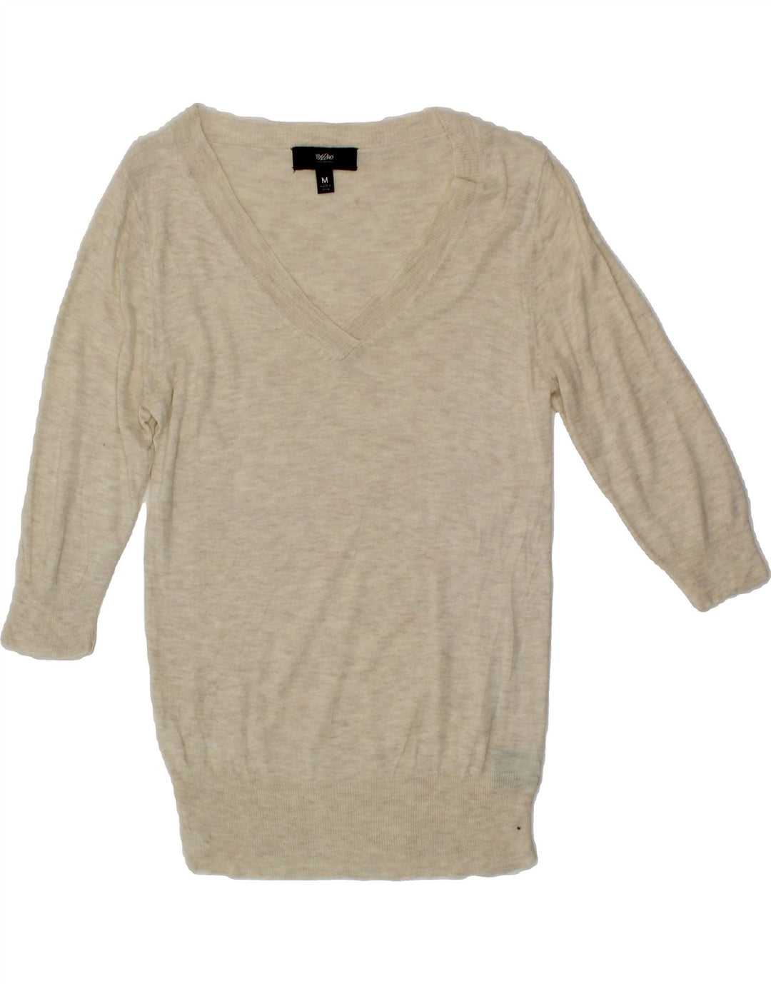MOSSIMO Womens 3/4 Sleeve V-Neck Jumper Sweater UK 12 Medium Beige Nylon Vintage Mossimo and Second-Hand Mossimo from Messina Hembry 