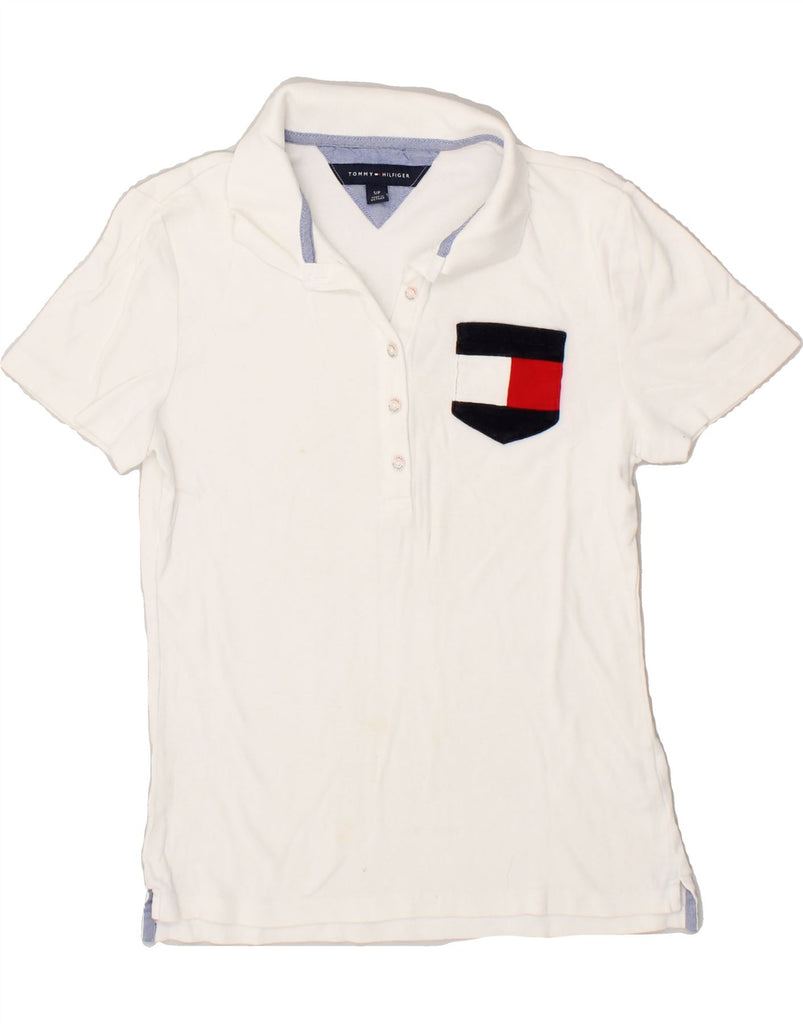 TOMMY HILFIGER Womens Graphic Polo Shirt UK 10 Small White Cotton Logo | Vintage Tommy Hilfiger | Thrift | Second-Hand Tommy Hilfiger | Used Clothing | Messina Hembry 