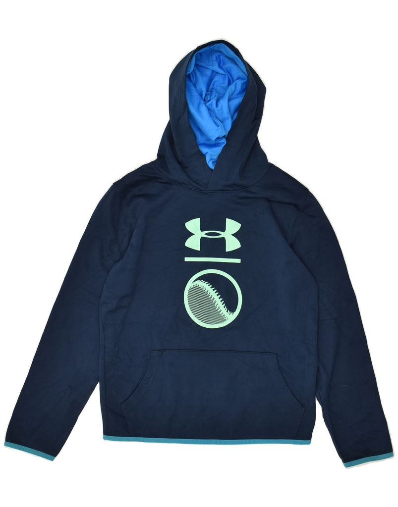 UNDER ARMOUR Boys Graphic Hoodie Jumper 13-14 Years XL Navy Blue Polyester | Vintage Under Armour | Thrift | Second-Hand Under Armour | Used Clothing | Messina Hembry 