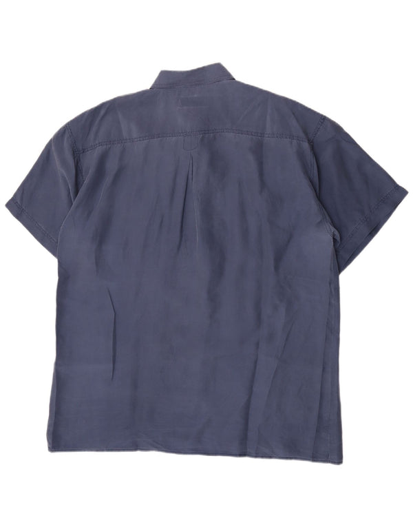 Vintage Mens Short Sleeve Shirt Large Blue Silk Classic