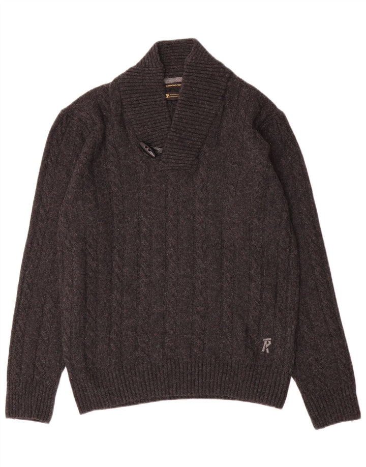 RIFLE Mens Shawl Neck Jumper Sweater Medium Grey Wool