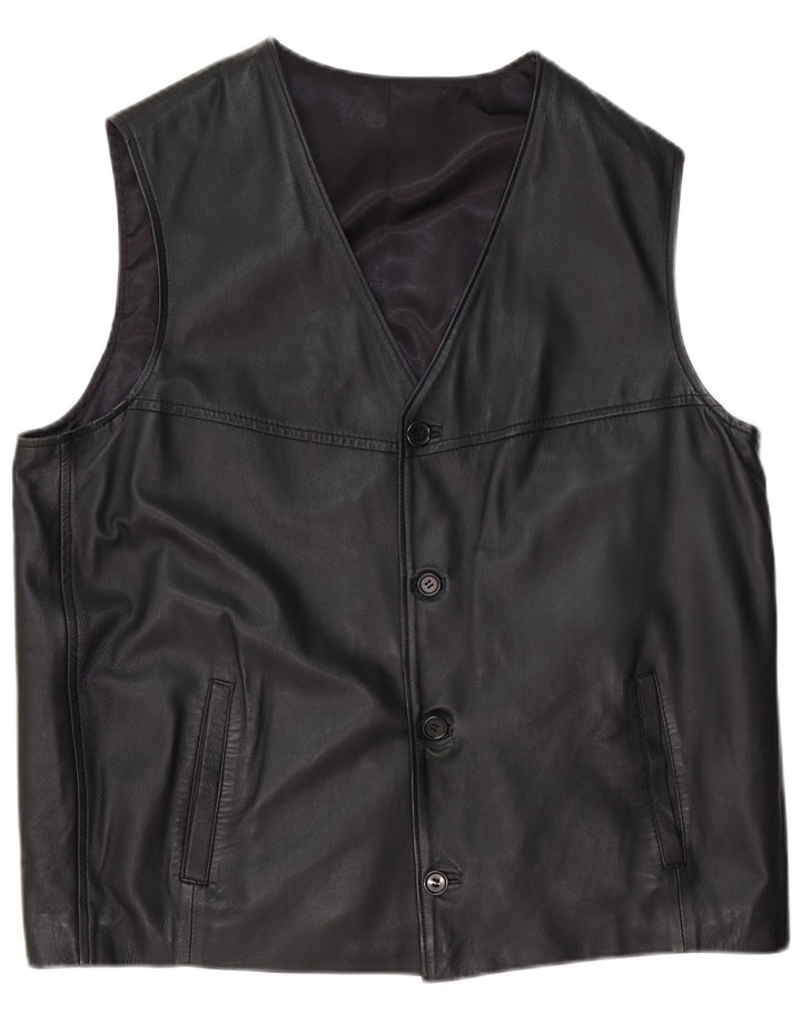 Vintage Mens Leather Waistcoat Large Black Leather