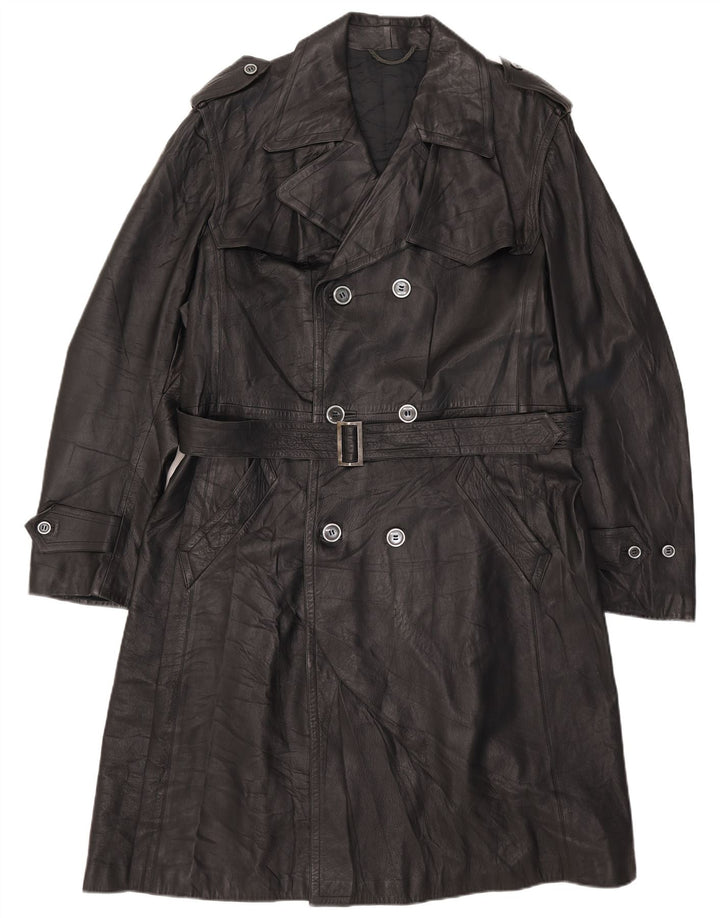 Vintage Mens Leather Double Breasted Coat UK 38 Medium Black