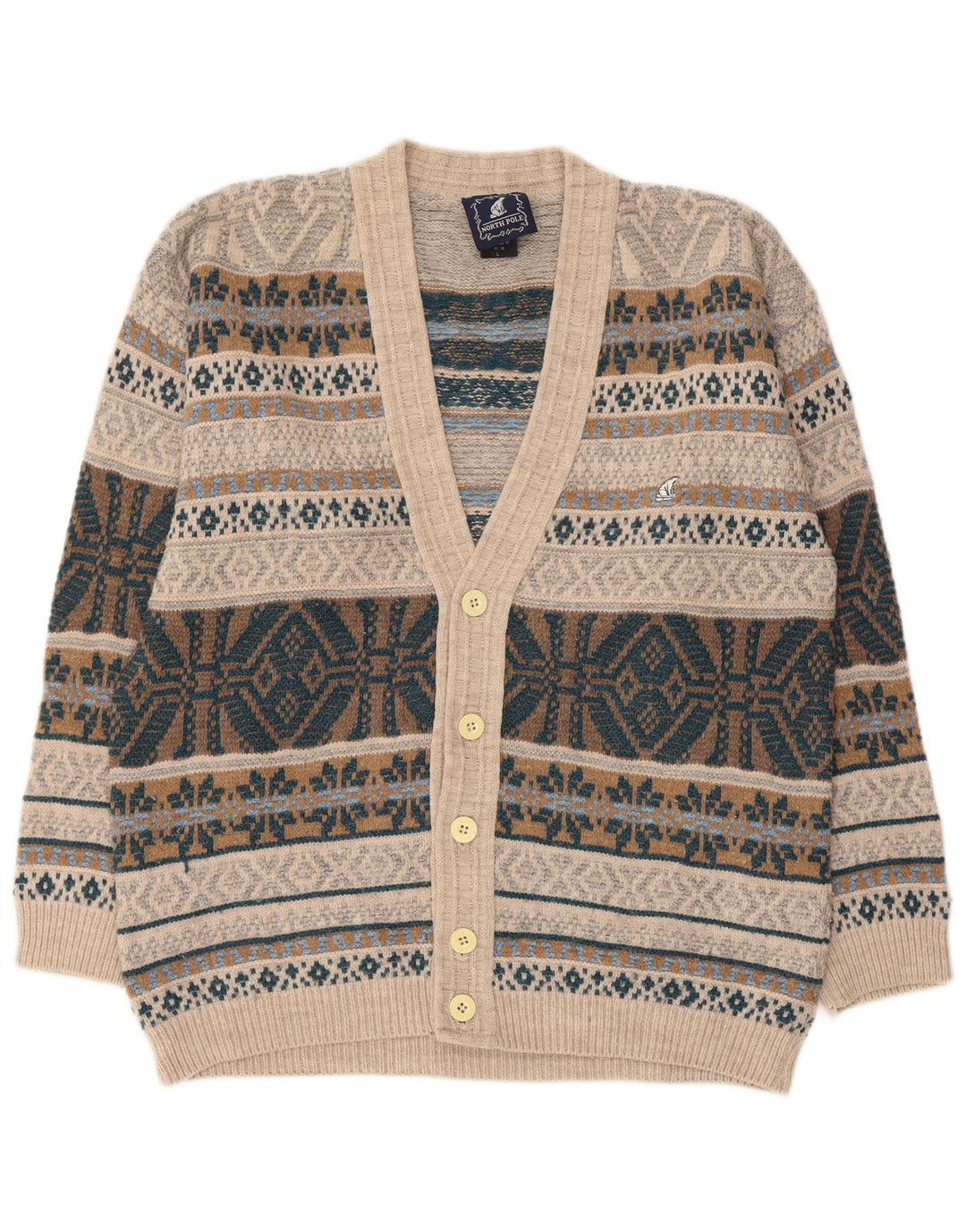 North Pole Mens Cardigan Sweater Large Beige Fair Isle Wool