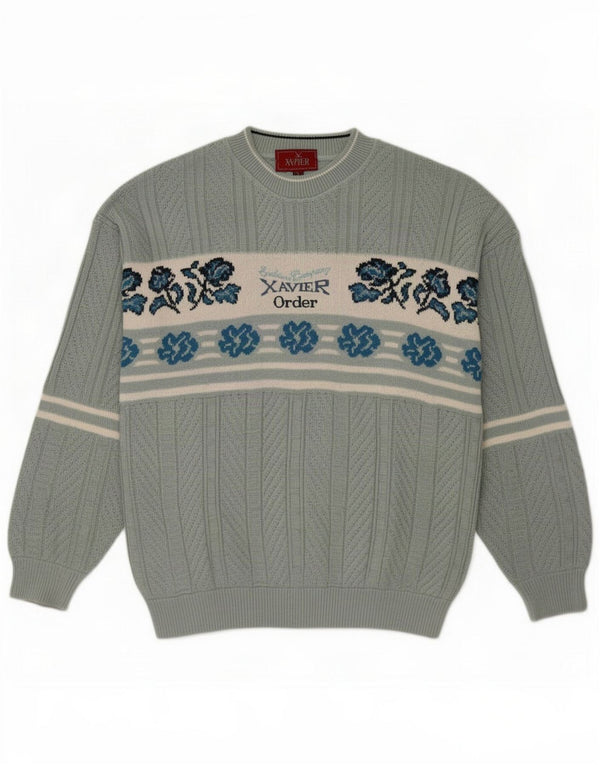 Xavier Mens Graphic Crew Neck Jumper Sweater Large Blue Floral Cotton