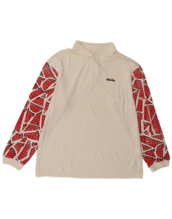 ELLESSE Mens Long Sleeve Polo Shirt IT 50 Medium White Geometric Cotton