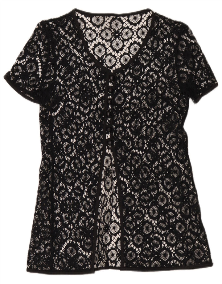 Vintage Womens See Through Shirt Blouse UK 10 Small Black Geometric