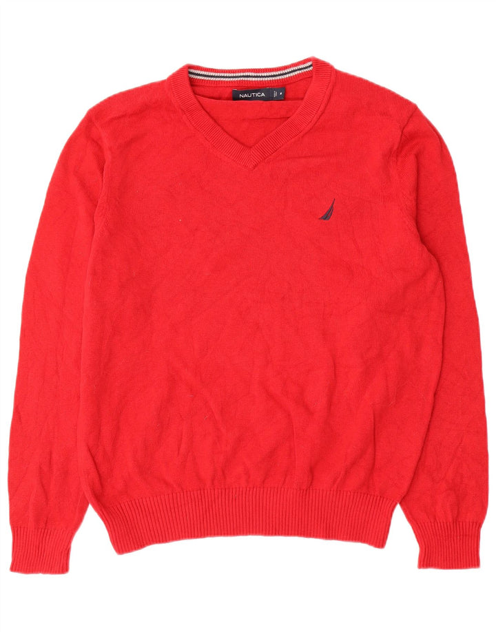 Nautica Mens V-Neck Jumper Sweater Medium Red Cotton