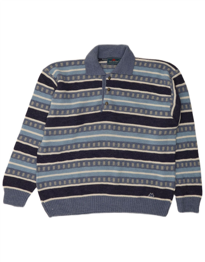 Kappa Mens Polo Neck Jumper Sweater Large Blue Striped Wool