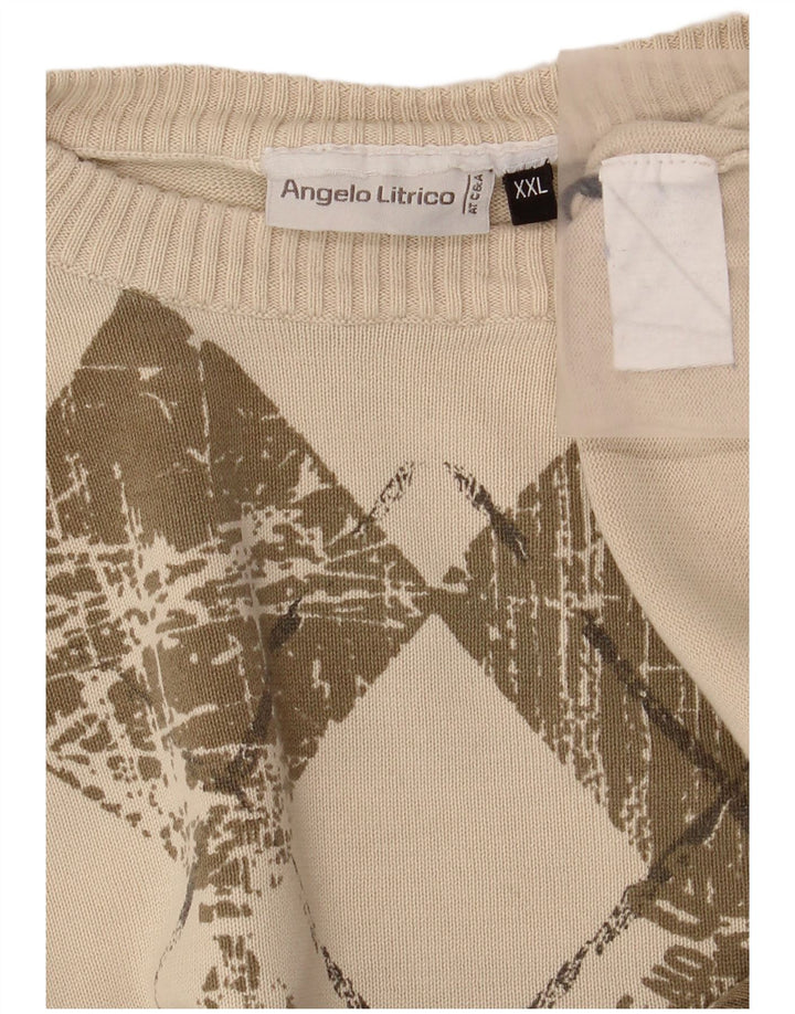 Angelo Litrico Mens Crew Neck Jumper Sweater 2XL Beige Argyle/Diamond