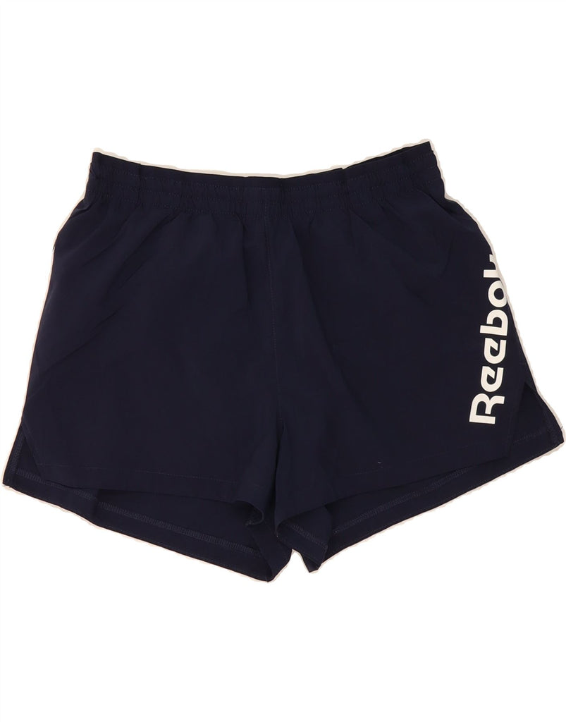 REEBOK Womens Graphic Sport Shorts UK 14 Large  Navy Blue Vintage Reebok and Second-Hand Reebok from Messina Hembry 