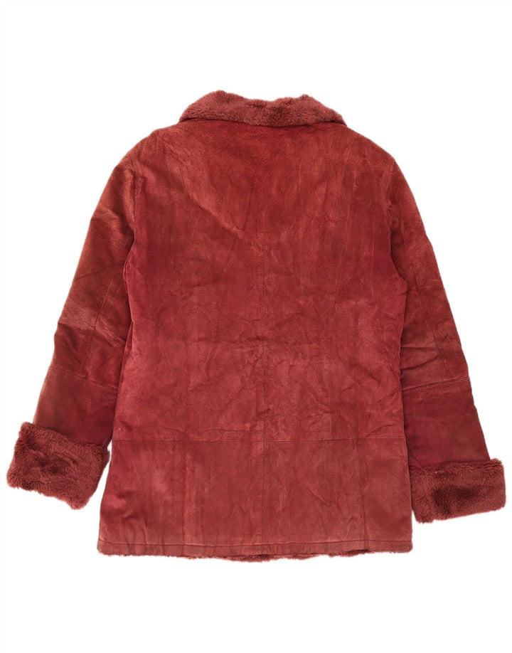 VINTAGE Womens Sherpa Suede Jacket UK 14 Medium Burgundy Leather