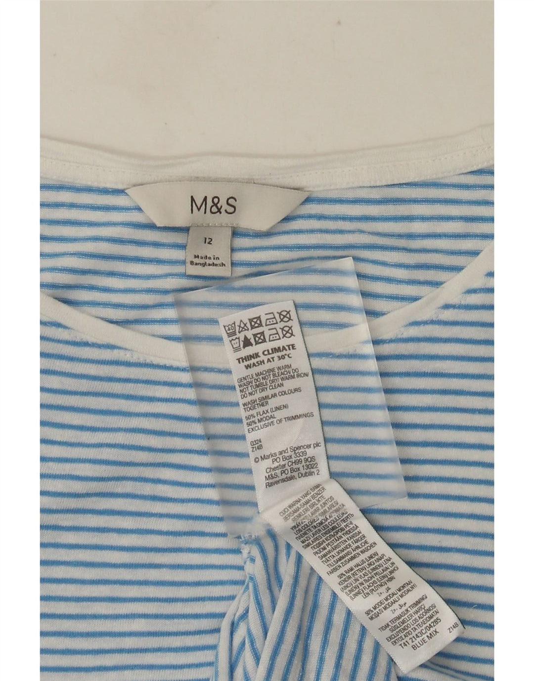 Marks & Spencer Womens T-Shirt Top UK 12 Medium Blue Striped Linen
