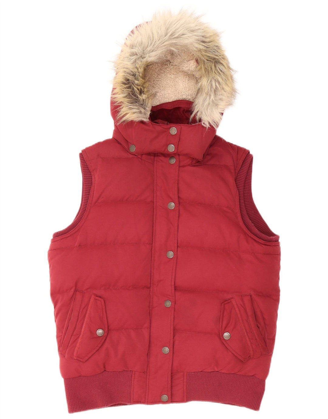 FAT FACE Womens Hooded Padded Gilet UK 12 Medium Burgundy Polyester