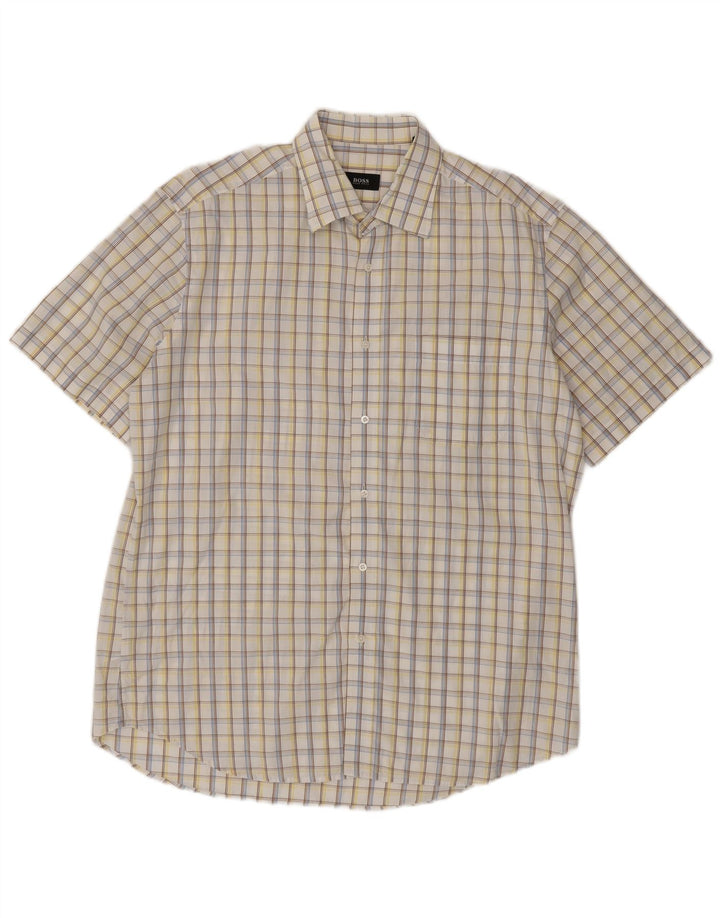 HUGO BOSS Mens Short Sleeve Shirt Size 16 1/2 42 Large White Check Cotton