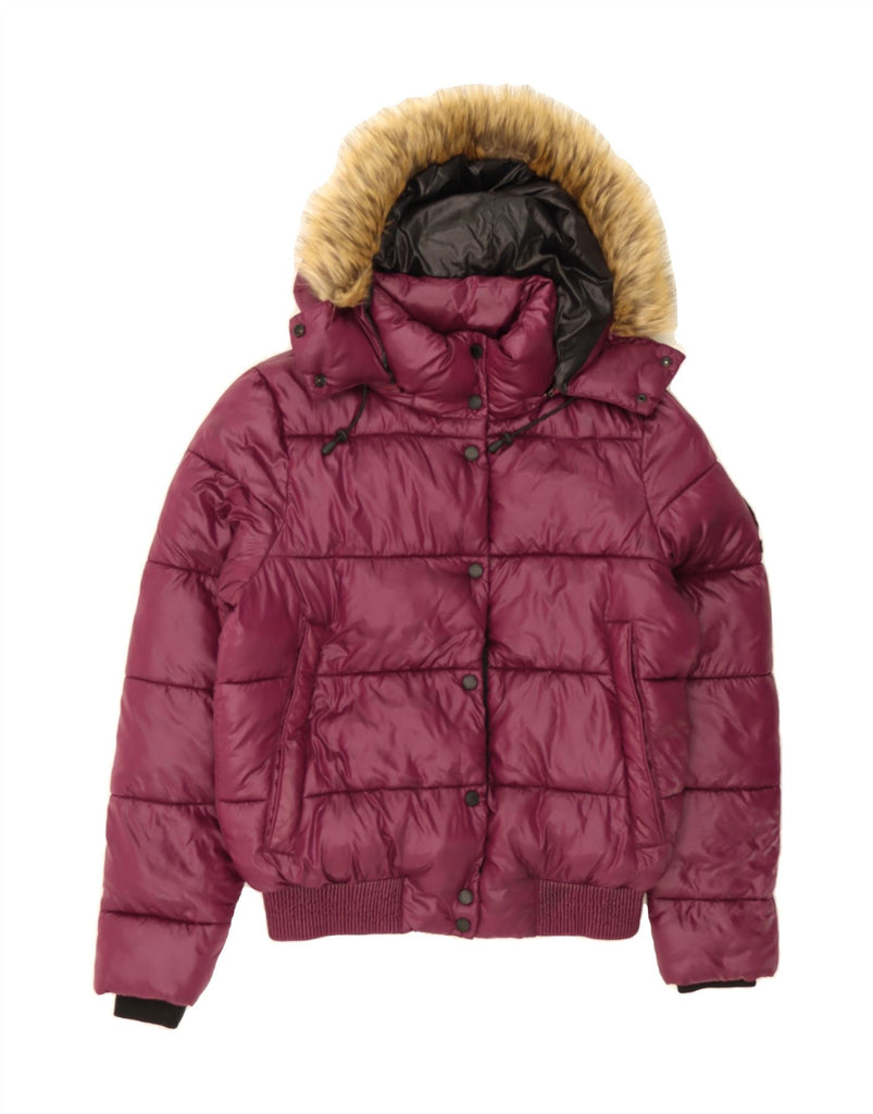 SUPERDRY Womens Hooded Padded Jacket UK 14 Large Burgundy Nylon Vintage Superdry and Second-Hand Superdry from Messina Hembry 