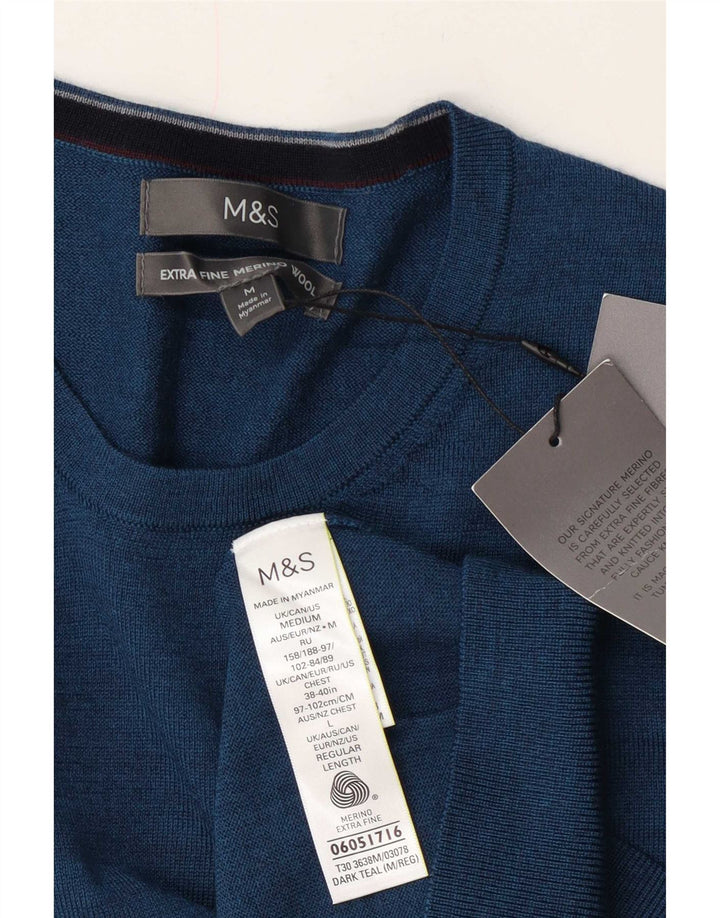 Marks & Spencer Mens Crew Neck Jumper Sweater Medium Navy Blue Merino Wool