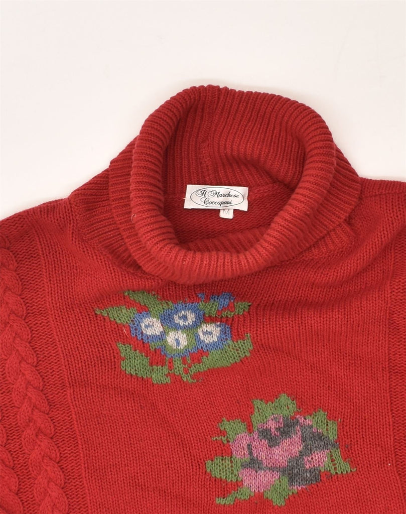 VINTAGE Womens Roll Neck Jumper Sweater UK 14 Medium Red Floral Wool | Vintage Vintage | Thrift | Second-Hand Vintage | Used Clothing | Messina Hembry 