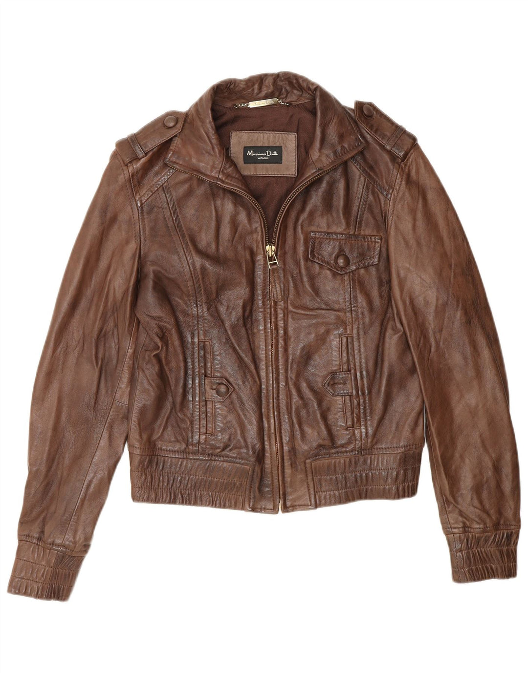 Massimo Dutti Womens Military Leather Jacket UK 14 Medium Brown