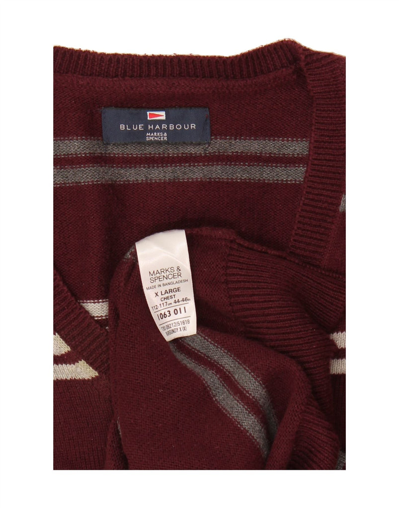 MARKS & SPENCER Mens V-Neck Jumper Sweater XL Burgundy Striped Cotton Vintage Marks & Spencer and Second-Hand Marks & Spencer from Messina Hembry 