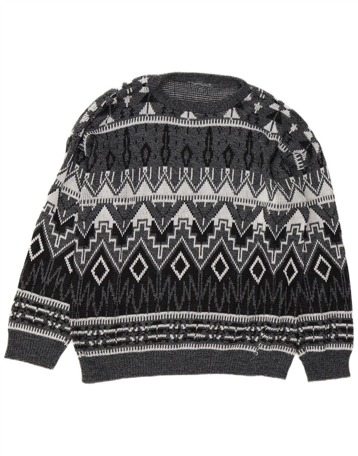 Vintage Mens Boat Neck Jumper Sweater Large Grey Geometric