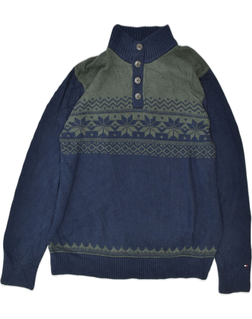 TOMMY HILFIGER Mens Button Neck Jumper Sweater 2XL Navy Blue Fair Isle | Vintage | Thrift | Second-Hand | Used Clothing | Messina Hembry 