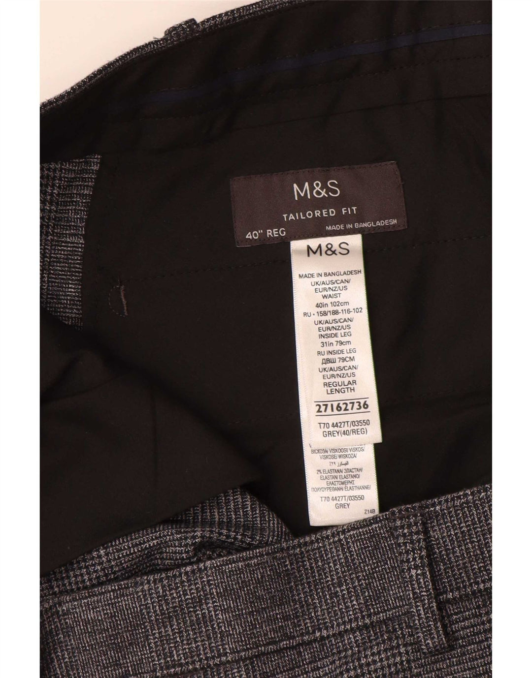 Marks & Spencer Mens Tailored Fit Straight Suit Trousers W40 L31 Grey Check