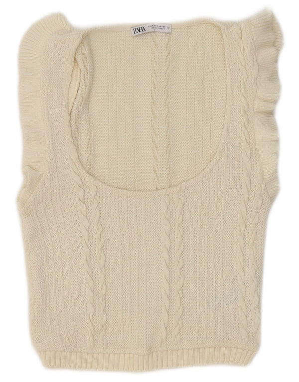 Zara Womens Crop Vest Tank Top UK 8 Small Off White Polyester