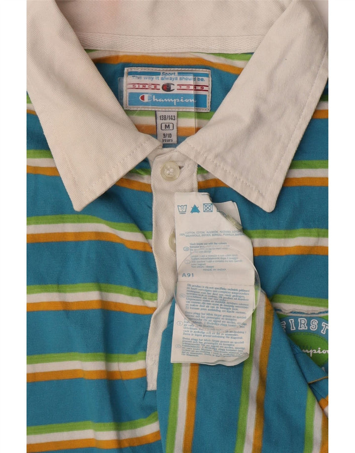 CHAMPION Boys Graphic Polo Shirt 9-10 Years Medium Blue Striped Cotton